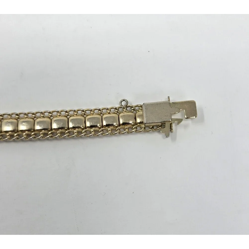 Vintage Gold Tone Diamond Cut Link Bracelet Box Clasp Safety Chain Mid Century